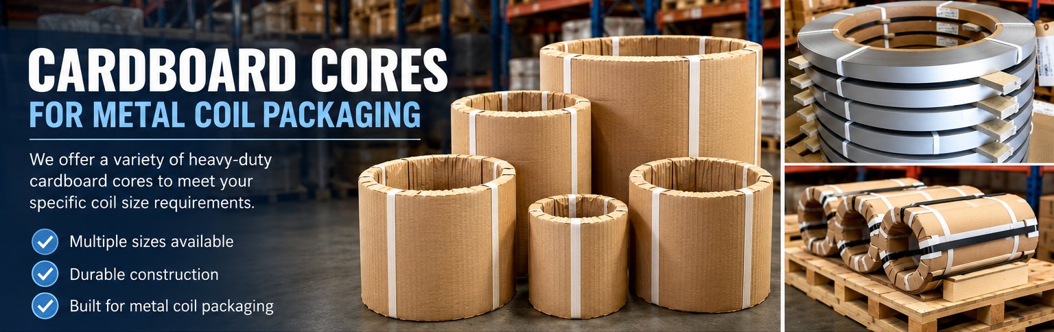 Cardboard cores for metal coil packaging, with slit coils and cradled coils packaged on Brown Metals Company cores.