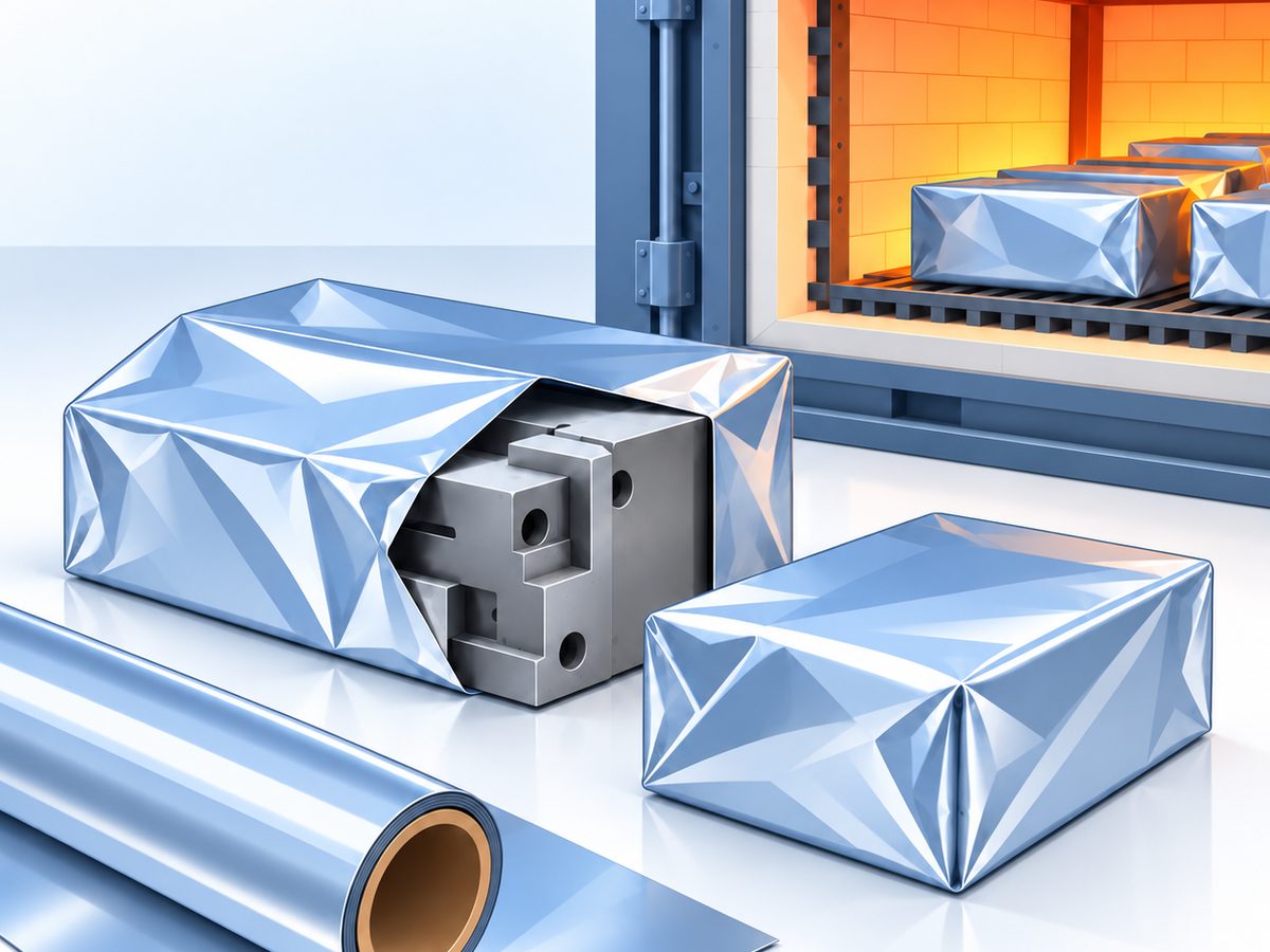 Tool steel parts wrapped in stainless steel tool wrap beside a roll of foil, with wrapped parts inside a heat-treating furnace.