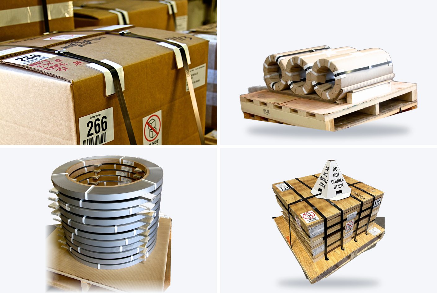 Four examples of Brown Metals Company packaging: a strapped carton, three coils in a cradle on a skid, a stack of slit coils with separators, and a strapped wooden crate on a skid.